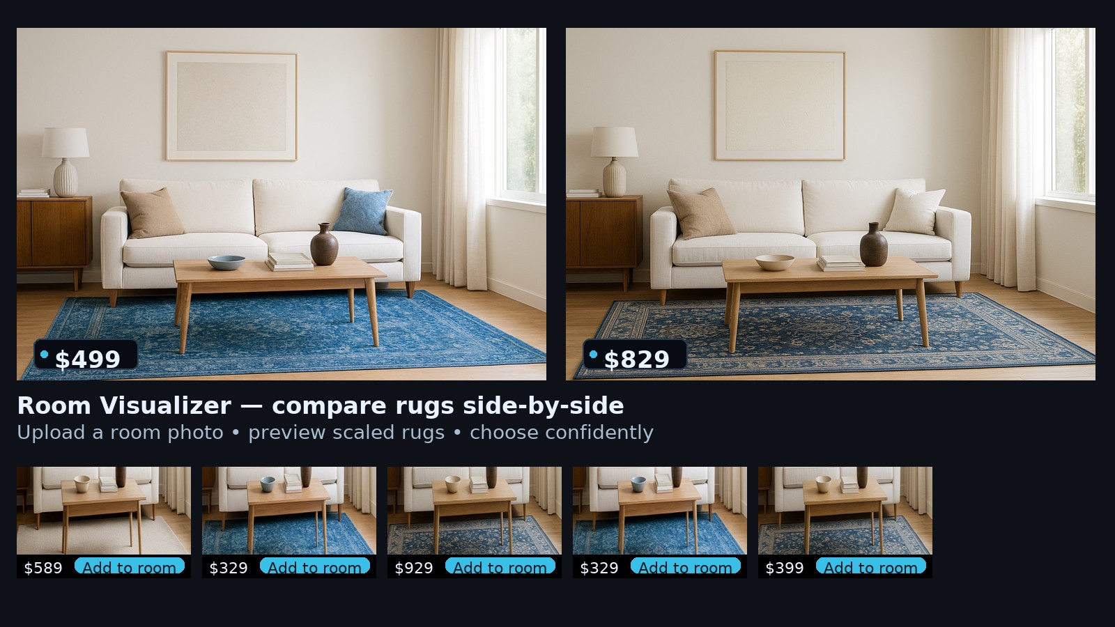Room Visualizer: side-by-side comparison of rugs in a room.